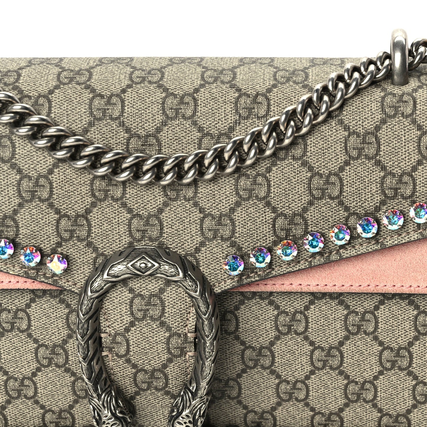 Gucci GG Supreme Monogram Suede Crystal Small Dionysus Shoulder Bag  Beige Ebony Light Peonia