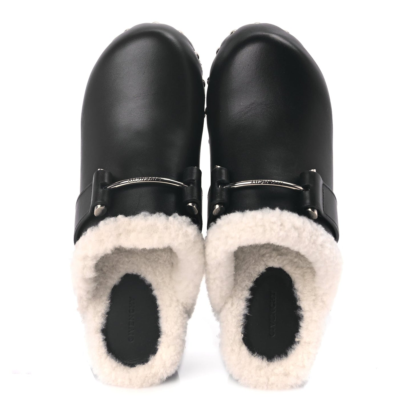 Givenchy Calfskin Shearling Studded Platform Clogs 38 Black