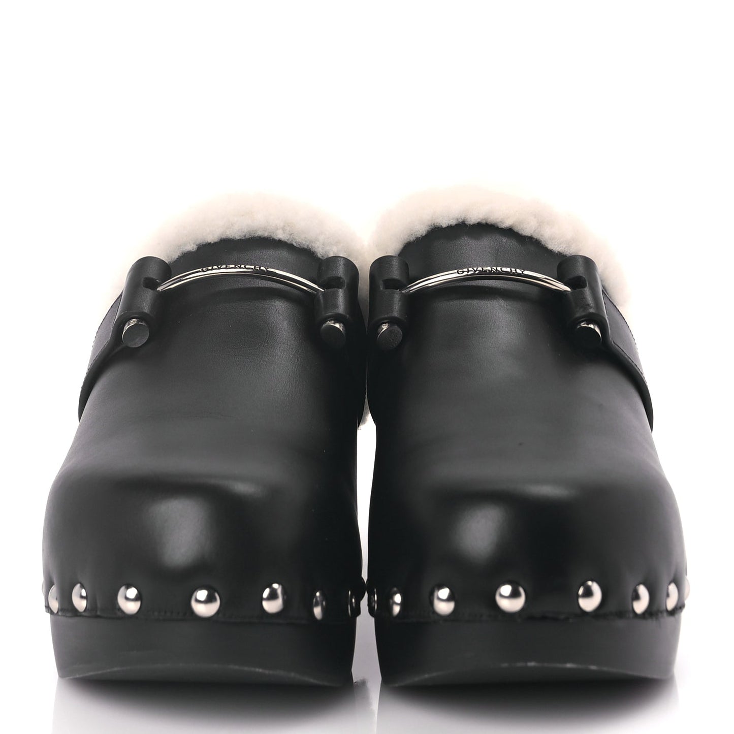 Givenchy Calfskin Shearling Studded Platform Clogs 38 Black
