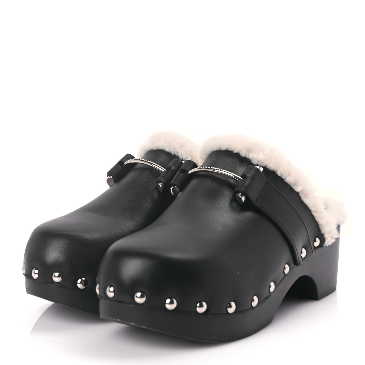 Givenchy Calfskin Shearling Studded Platform Clogs 38 Black
