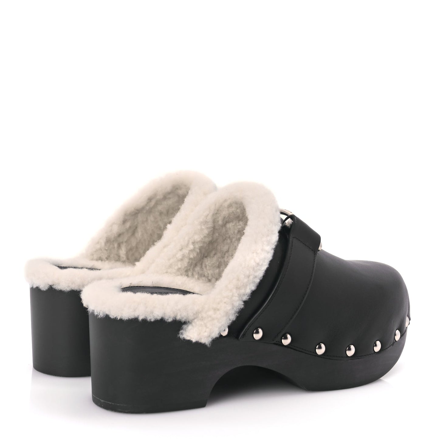 Givenchy Calfskin Shearling Studded Platform Clogs 38 Black