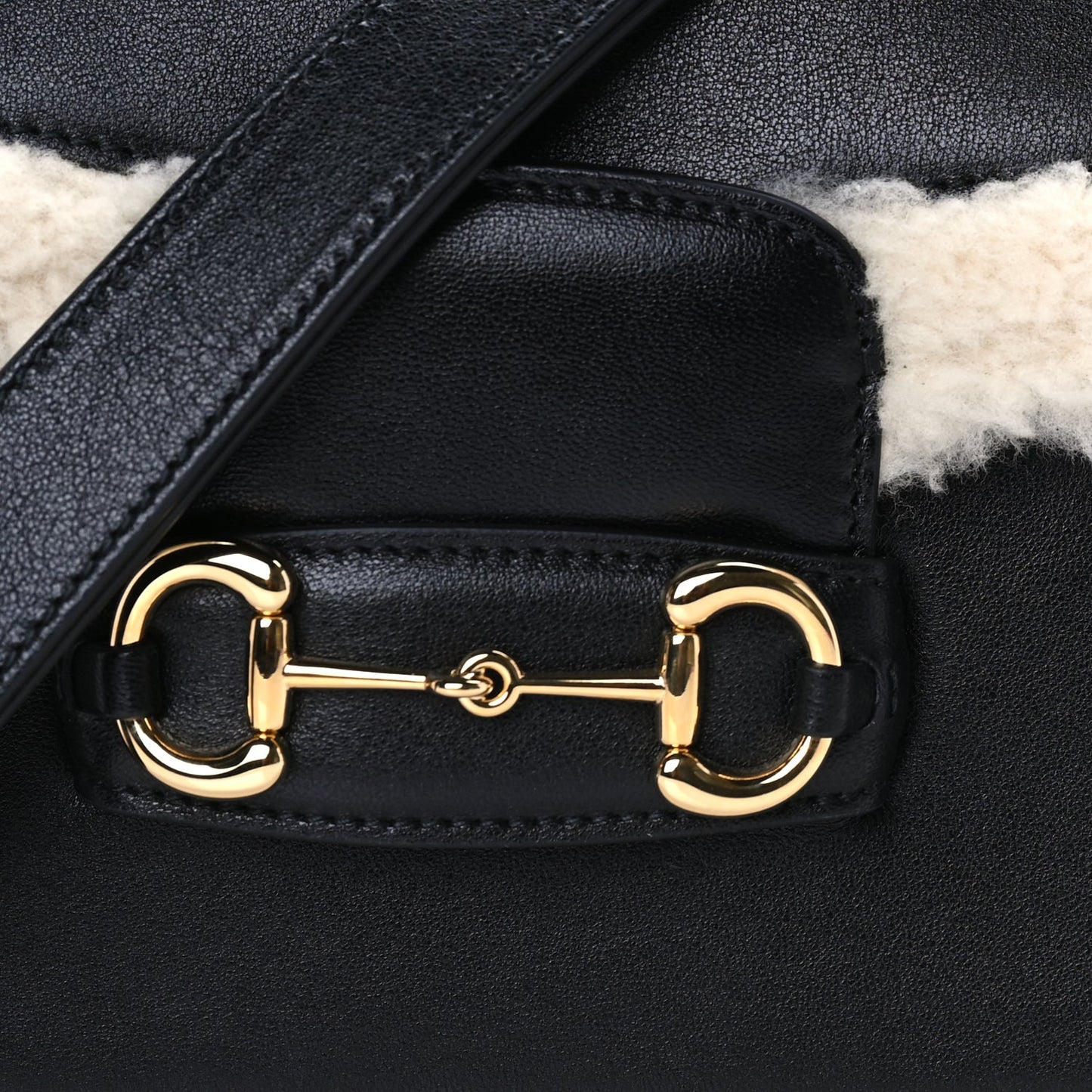 Gucci Sakai Be Green Calfskin Shearling Horsebit 1955 Shoulder Bag Black