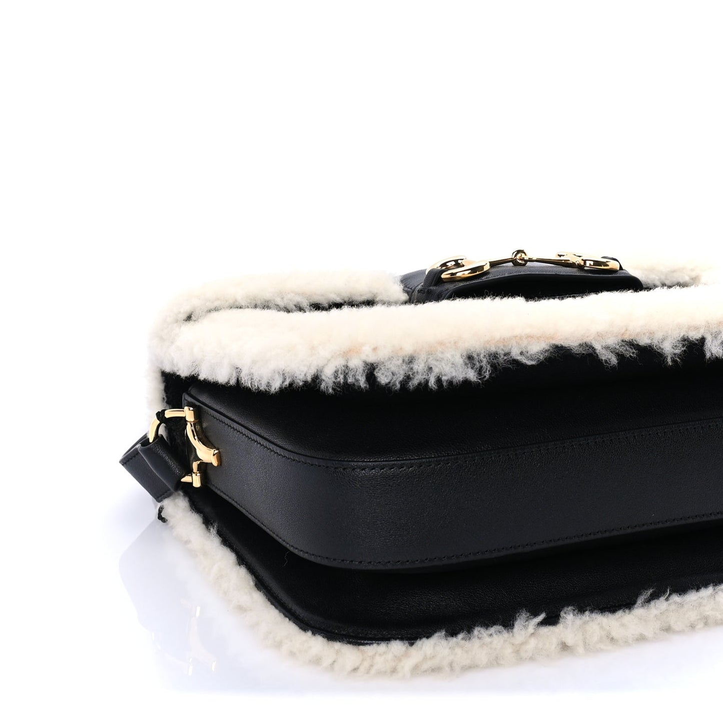 Gucci Sakai Be Green Calfskin Shearling Horsebit 1955 Shoulder Bag Black