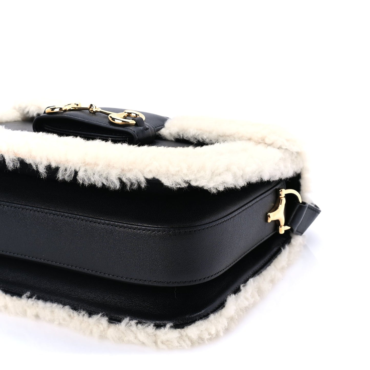 Gucci Sakai Be Green Calfskin Shearling Horsebit 1955 Shoulder Bag Black