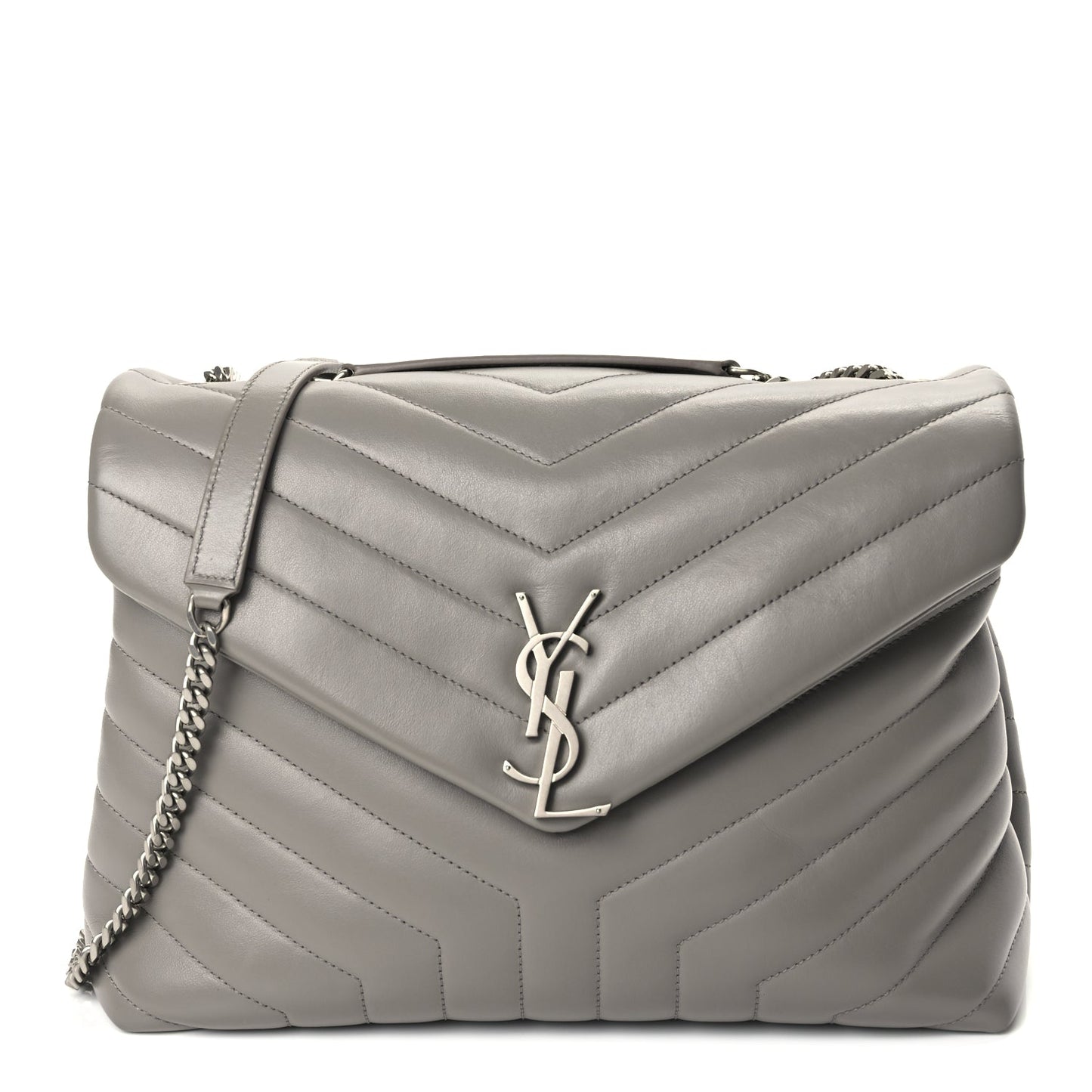 Saint Laurent Calfskin Y Quilted Monogram Medium Loulou Chain Satchel Light Grey