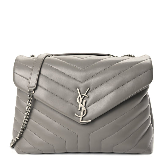 Saint Laurent Calfskin Y Quilted Monogram Medium Loulou Chain Satchel Light Grey
