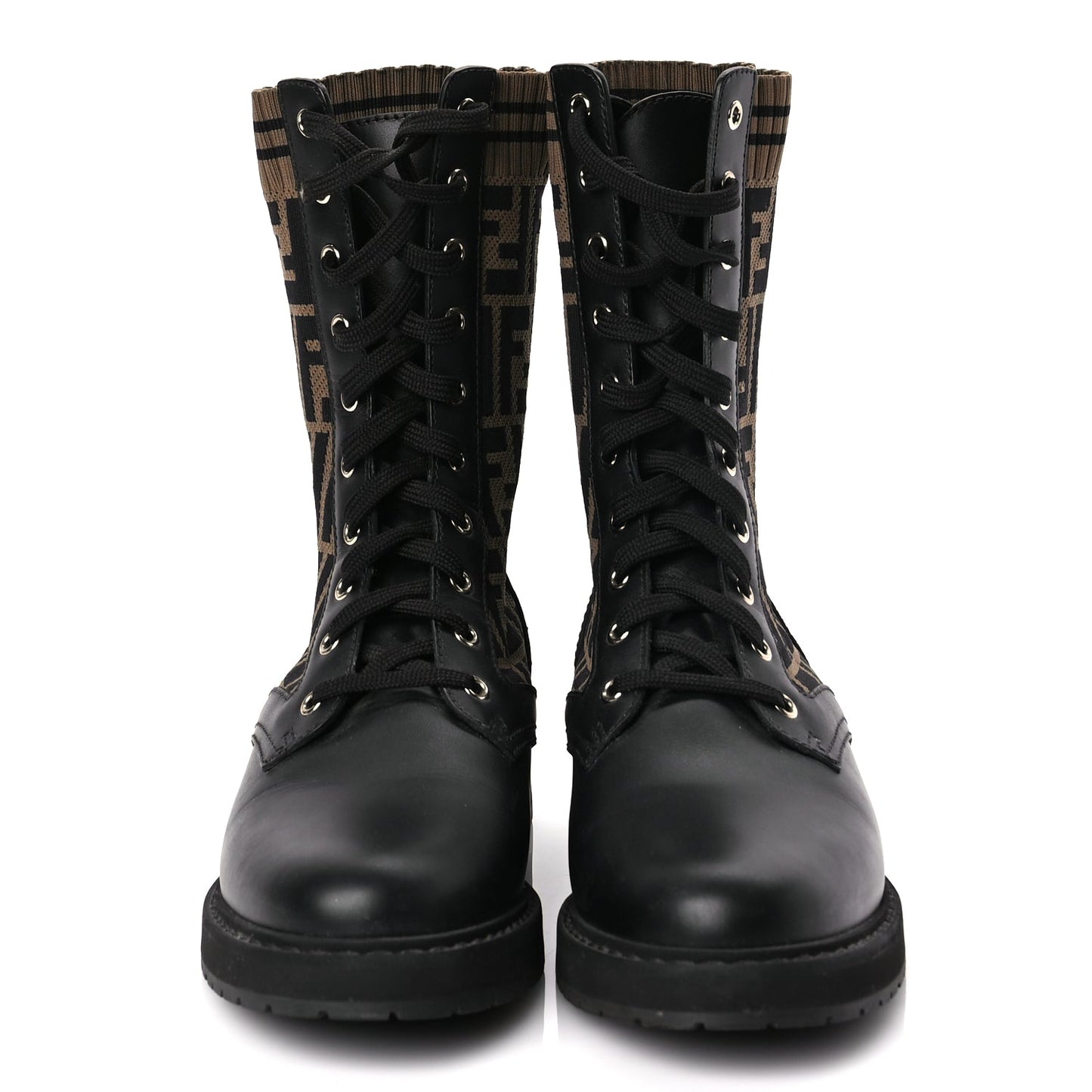 Fendi Calfskin Stretch Fabric FF Rockoko Biker Boots 40.5 Black Tobacco
