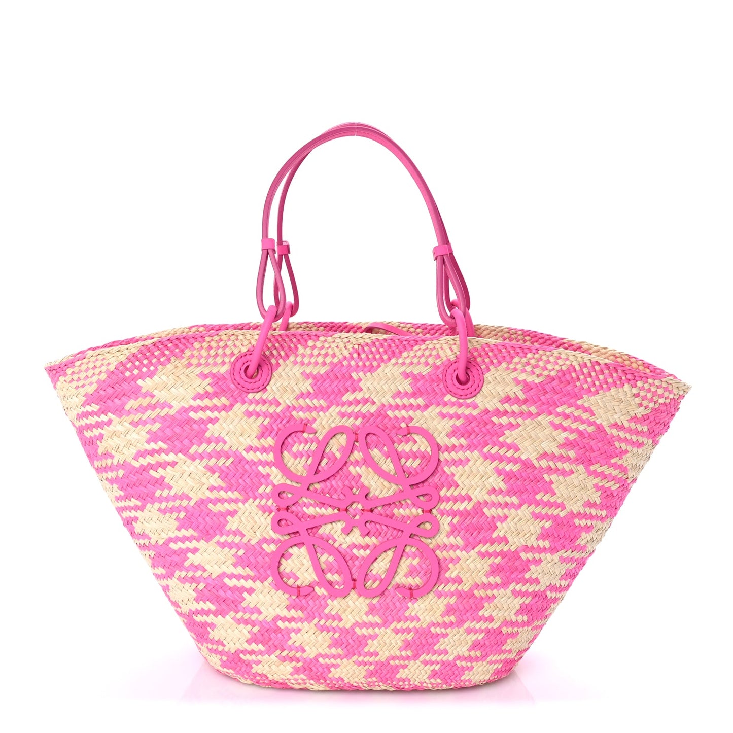 Loewe Iraca Palm Calfskin Paulas Ibiza Medium Anagram Basket Tote Bag Fuchsia