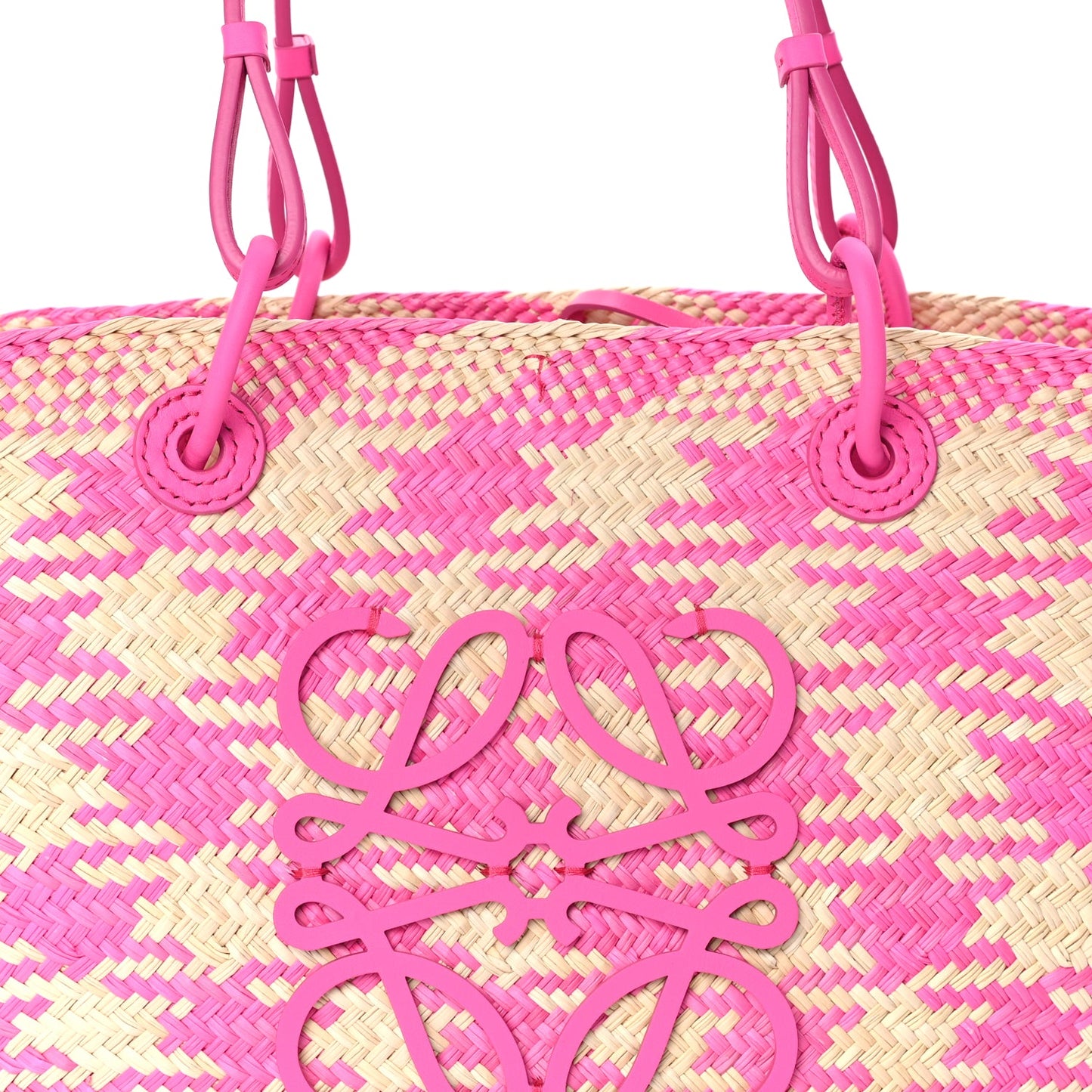 Loewe Iraca Palm Calfskin Paulas Ibiza Medium Anagram Basket Tote Bag Fuchsia