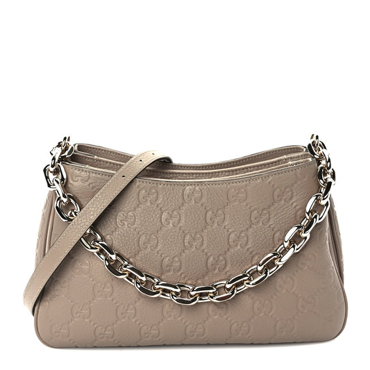 Gucci GG Grainy Calfskin Emblem Shoulder Bag  Taupe