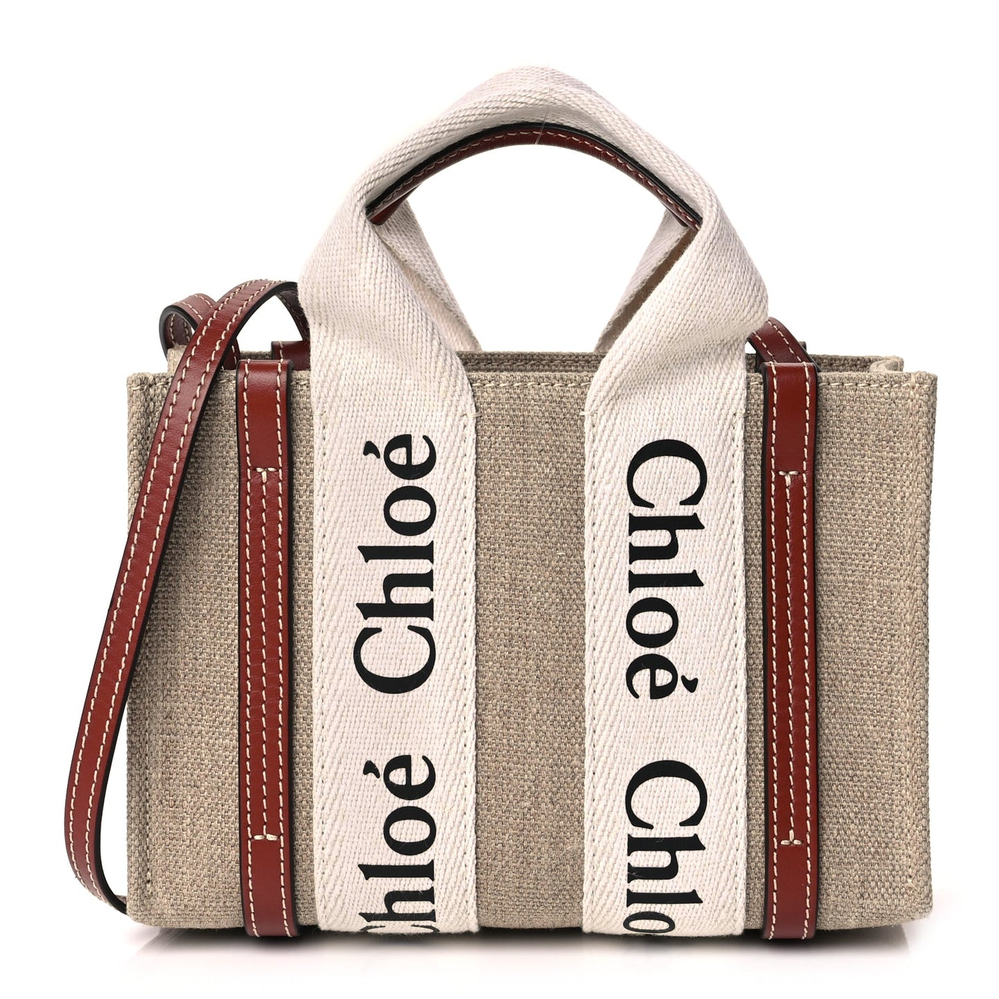 Chloe Cotton Calfskin Mini Woody Ribbon Tote White Brown