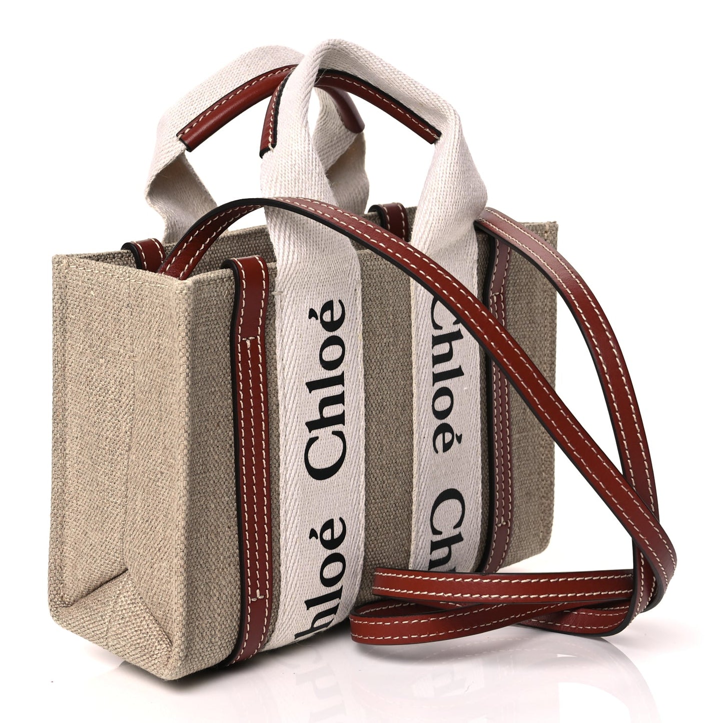 Chloe Cotton Calfskin Mini Woody Ribbon Tote White Brown