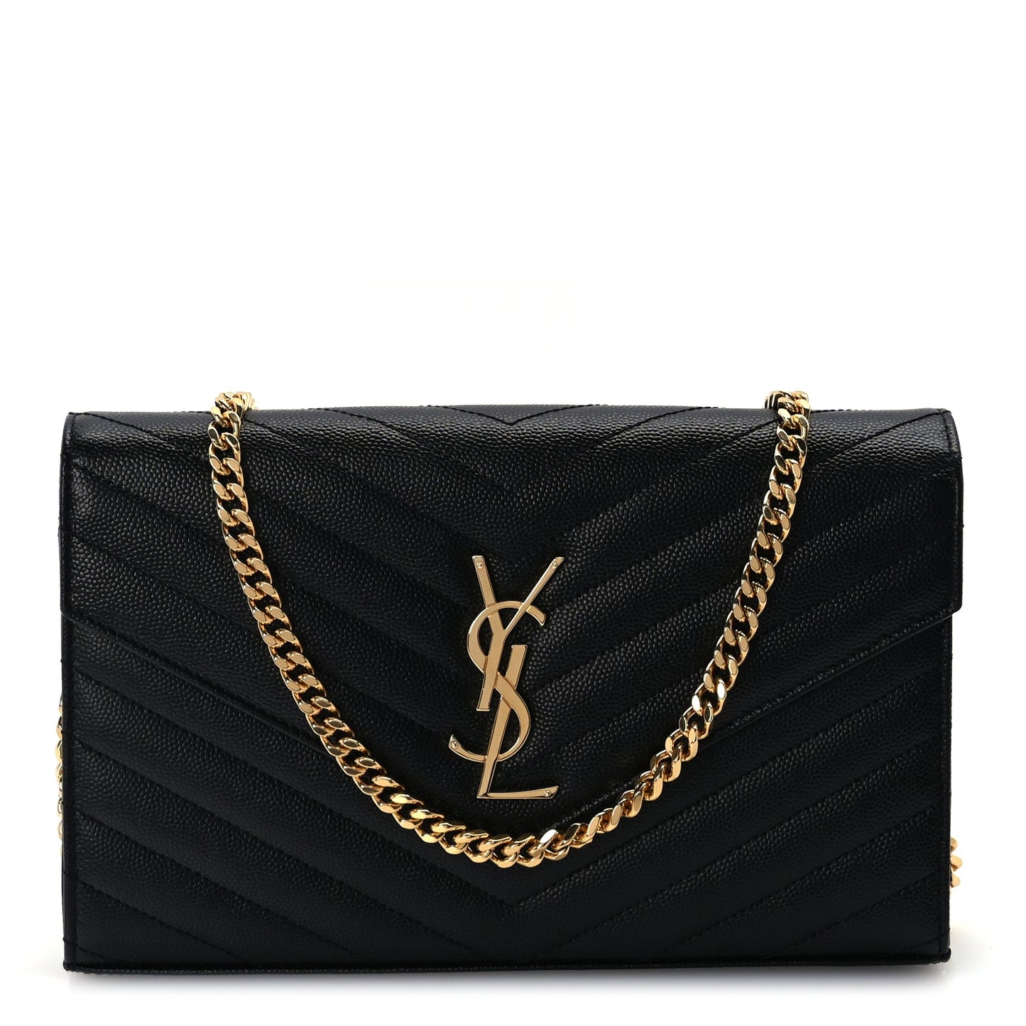 Saint Laurent Grain De Poudre Matelasse Chevron Monogram Chain Wallet  Black
