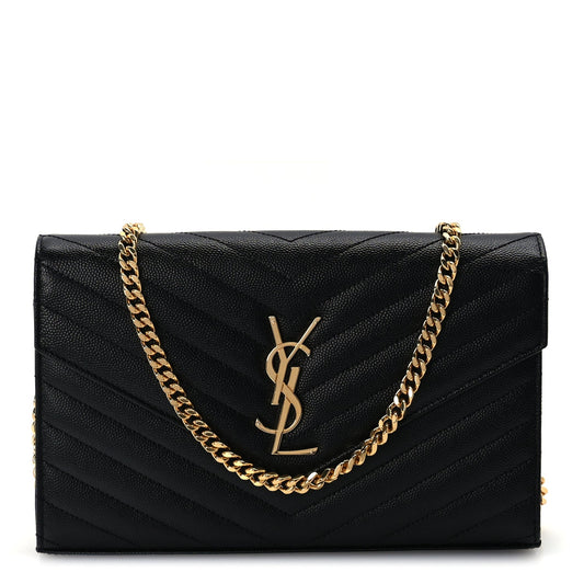 Saint Laurent Grain De Poudre Matelasse Chevron Monogram Chain Wallet  Black
