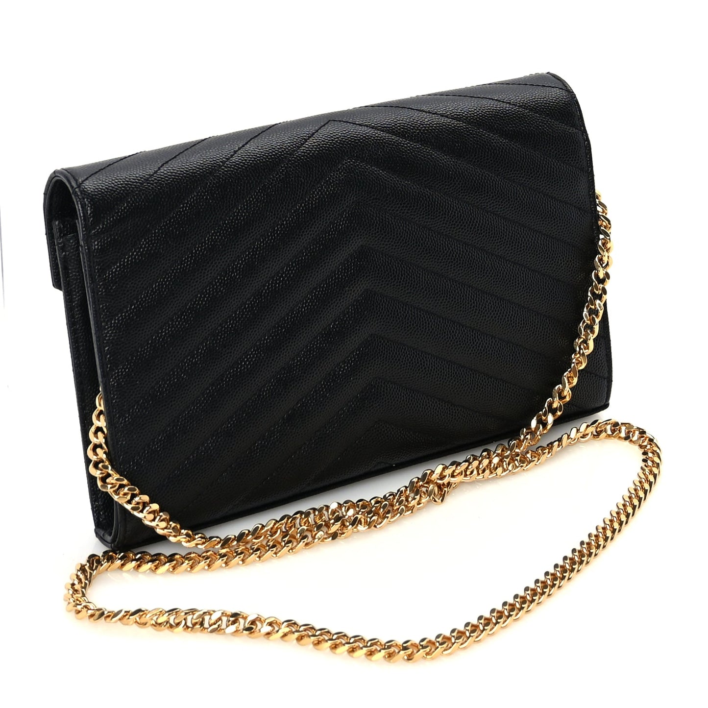 Saint Laurent Grain De Poudre Matelasse Chevron Monogram Chain Wallet  Black