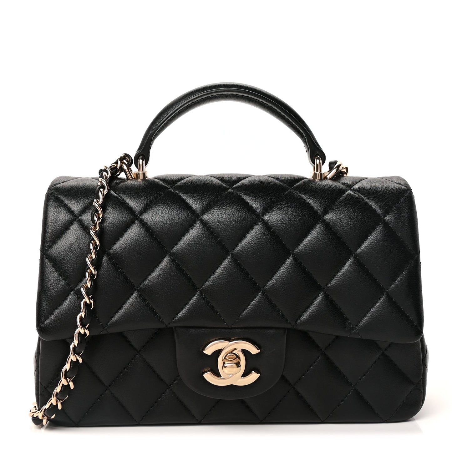 Chanel Lambskin Quilted Mini Top Handle Rectangular Flap Black