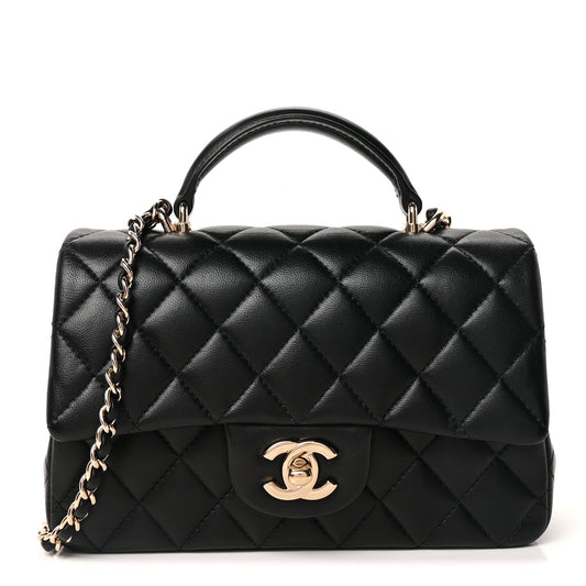 Chanel Lambskin Quilted Mini Top Handle Rectangular Flap Black