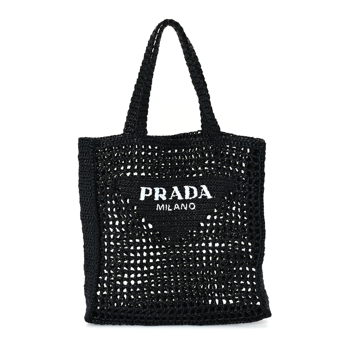 Prada Yarn Raffia Effect Crochet Logo Embroidered Tote Bag  Black