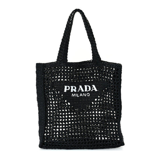 Prada Yarn Raffia Effect Crochet Logo Embroidered Tote Bag  Black