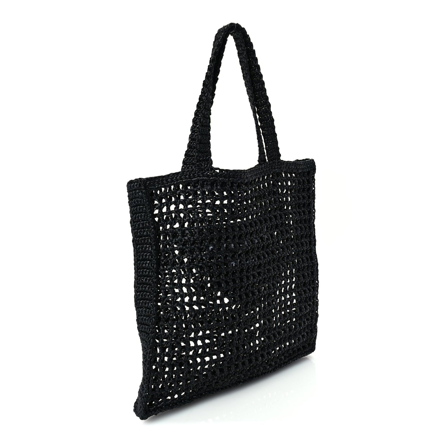 Prada Yarn Raffia Effect Crochet Logo Embroidered Tote Bag  Black