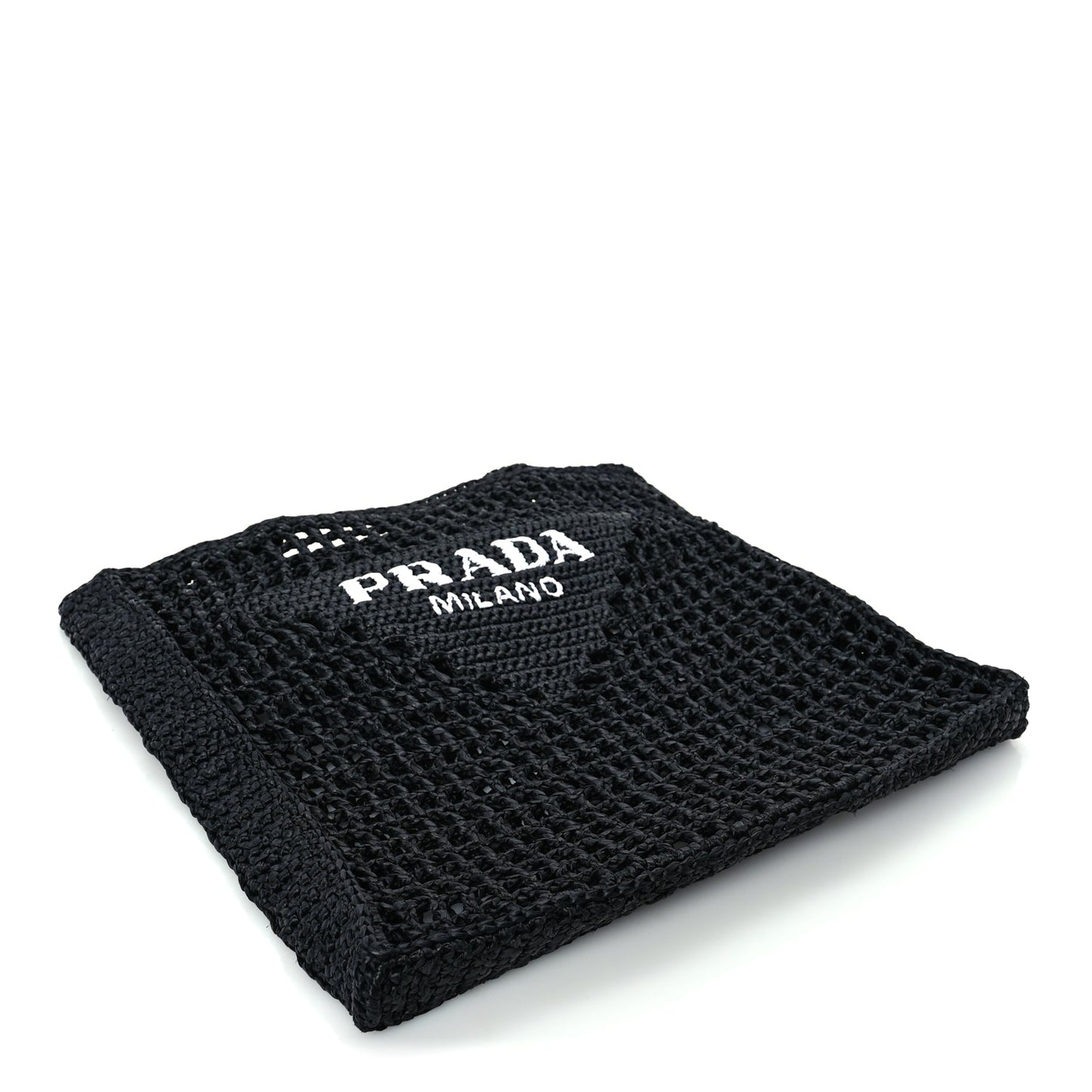 Prada Yarn Raffia Effect Crochet Logo Embroidered Tote Bag  Black