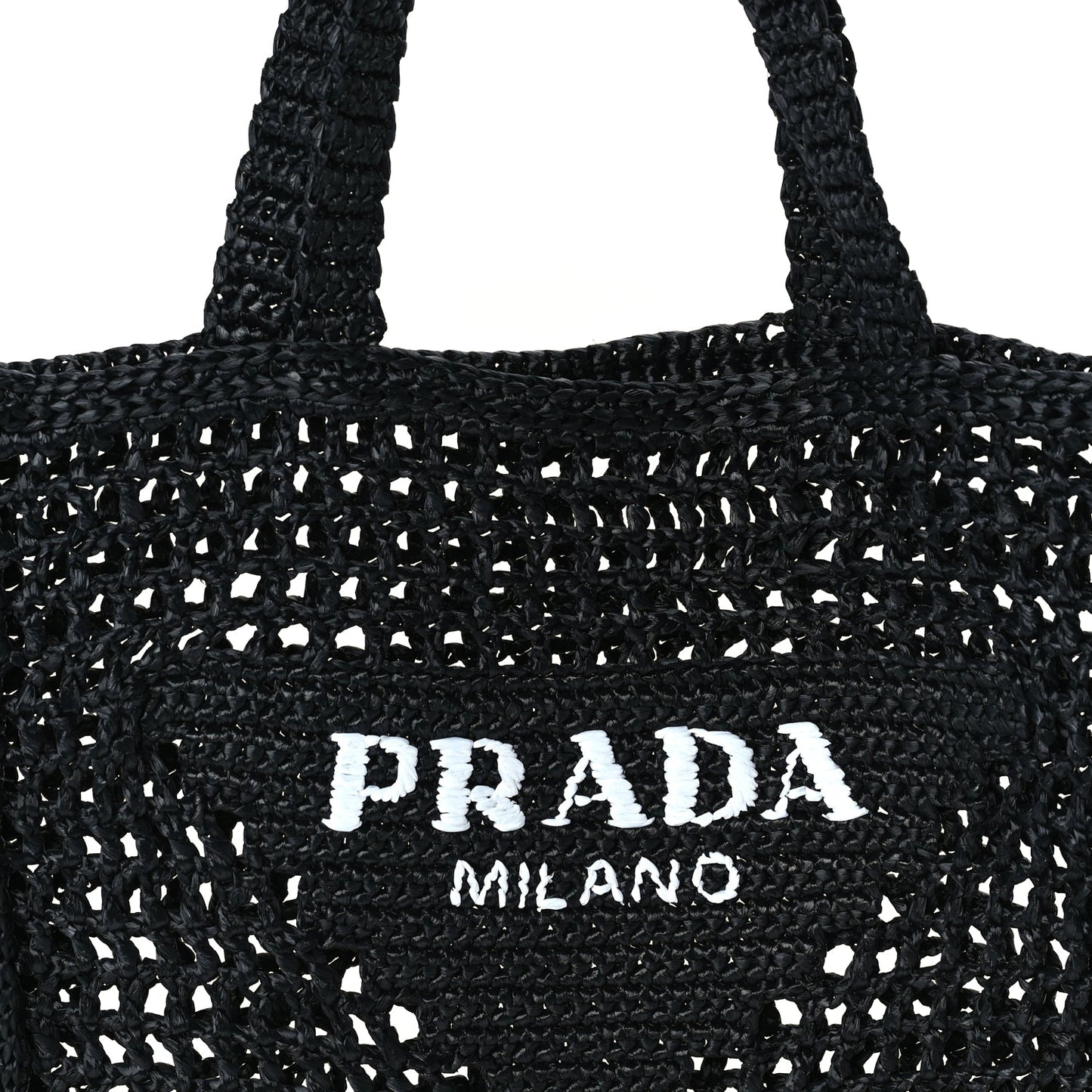 Prada Yarn Raffia Effect Crochet Logo Embroidered Tote Bag  Black