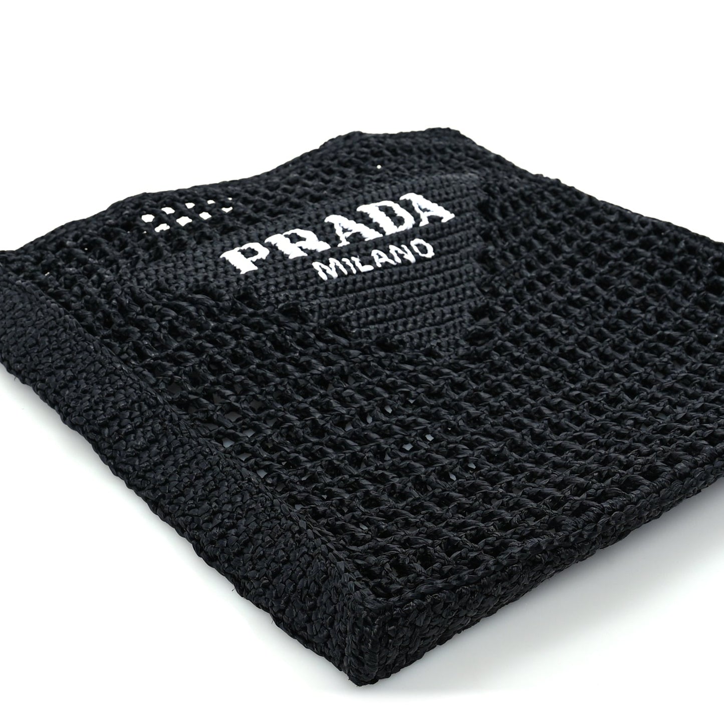 Prada Yarn Raffia Effect Crochet Logo Embroidered Tote Bag  Black