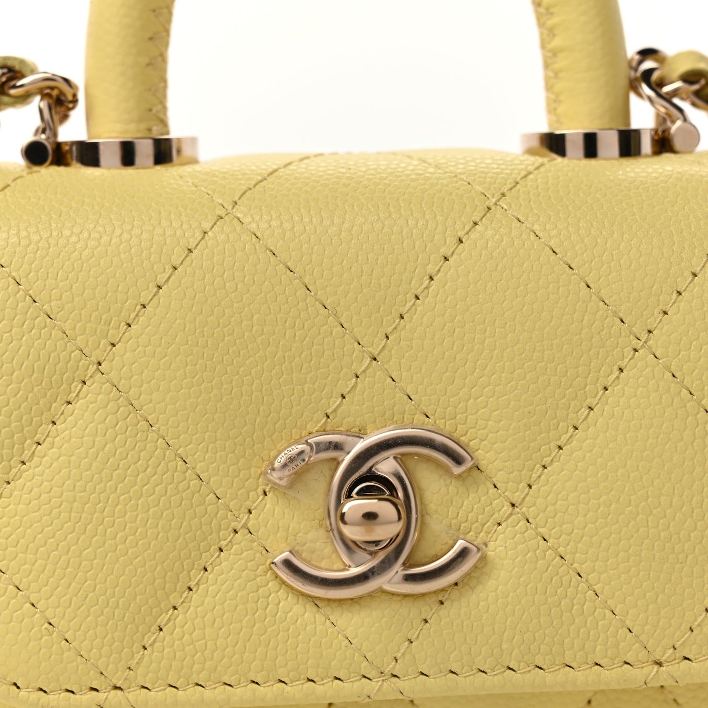 Chanel Caviar Quilted Nano Coco Handle Clutch With Chain Yellow