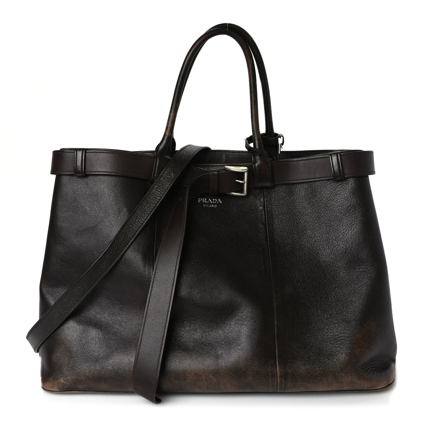 Prada Nappa Vintage Effect Large Buckle Bag With Belt Dark Brown