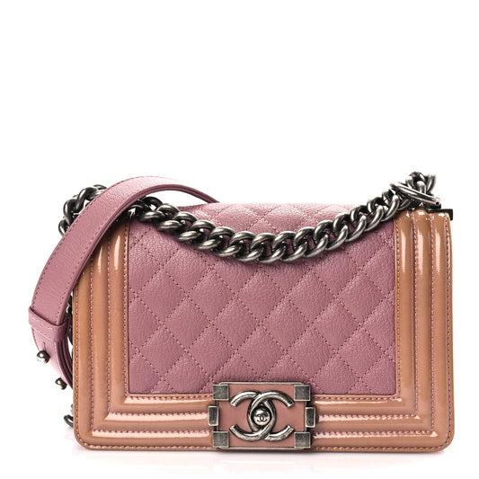Chanel Goatskin Quilted Patent Small Duo Boy Flap Pink