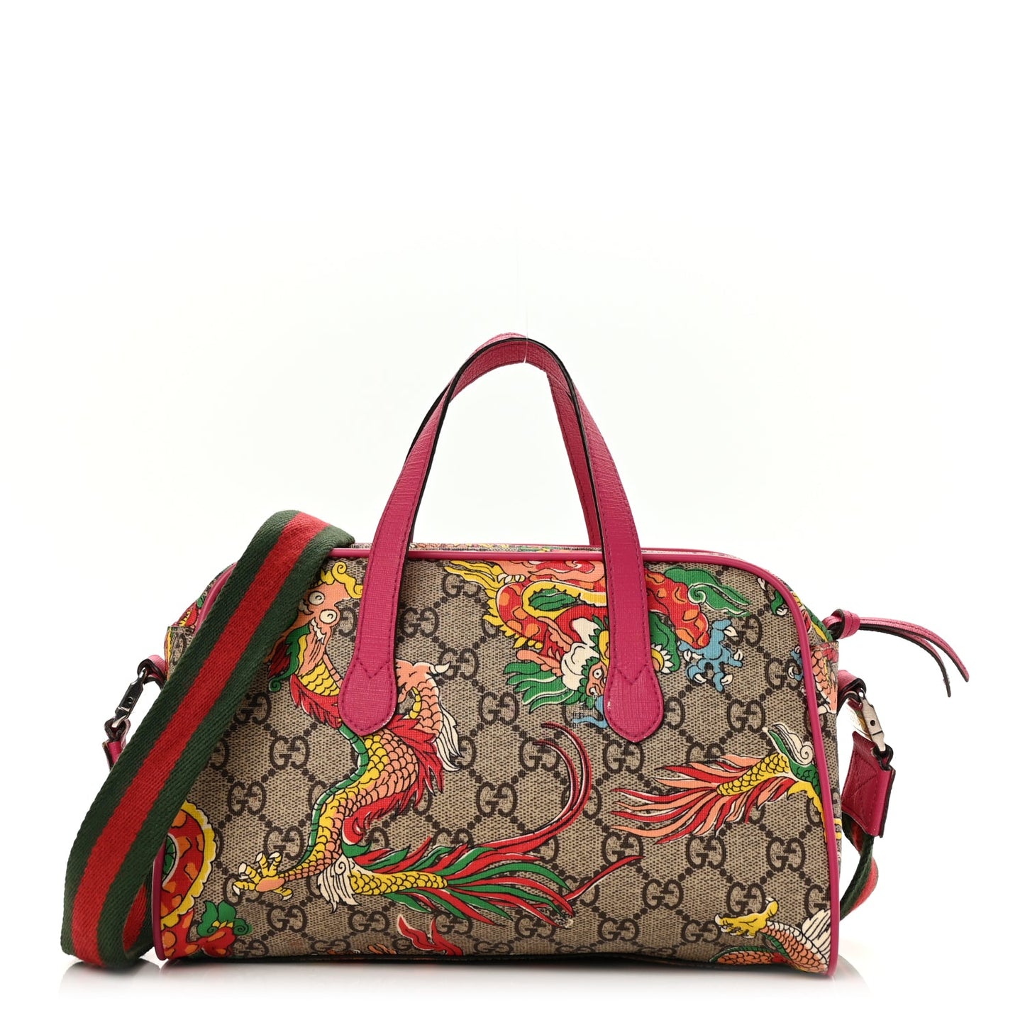 Gucci GG Supreme Monogram Web Textured Dollar Calfskin Dragon Bowling Bag Pink