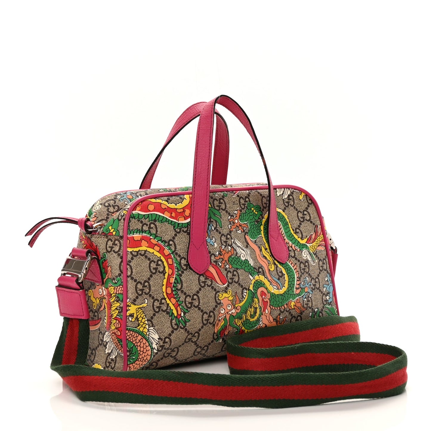Gucci GG Supreme Monogram Web Textured Dollar Calfskin Dragon Bowling Bag Pink