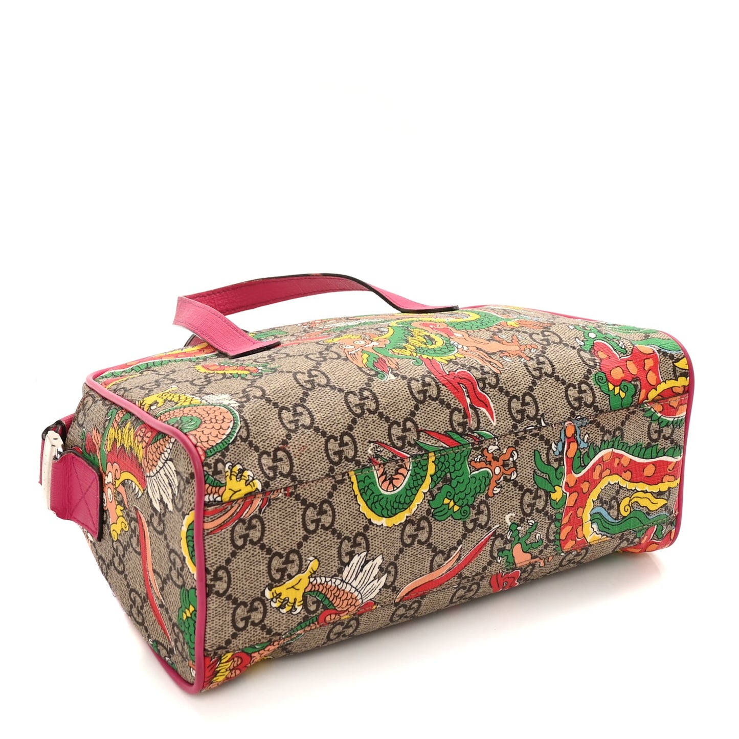 Gucci GG Supreme Monogram Web Textured Dollar Calfskin Dragon Bowling Bag Pink