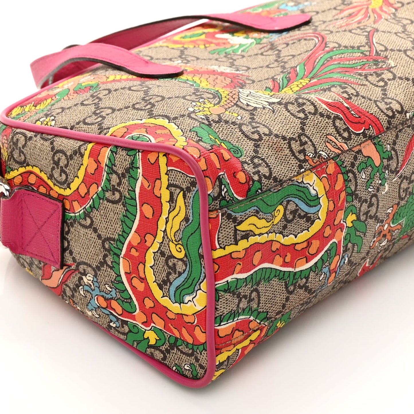 Gucci GG Supreme Monogram Web Textured Dollar Calfskin Dragon Bowling Bag Pink