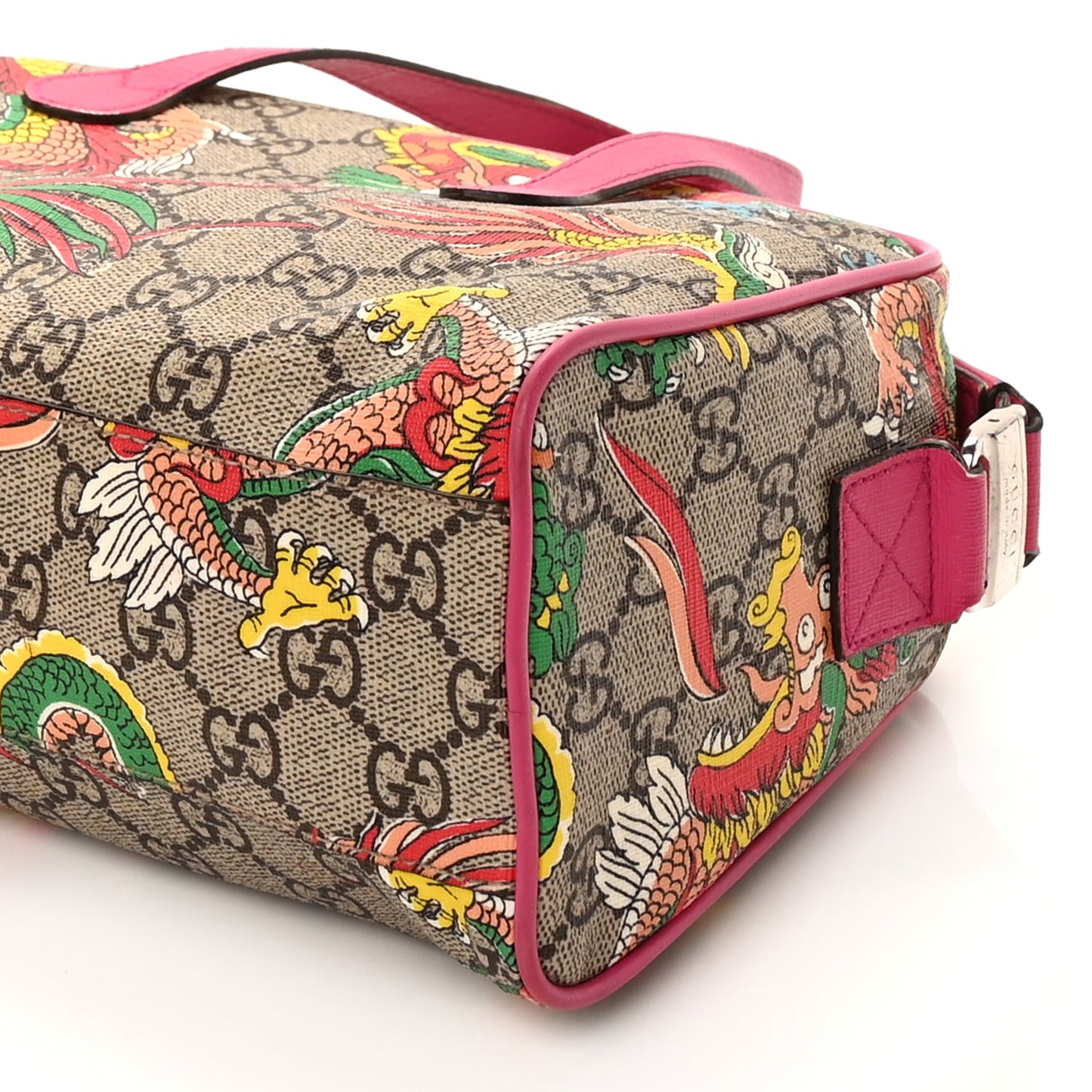 Gucci GG Supreme Monogram Web Textured Dollar Calfskin Dragon Bowling Bag Pink