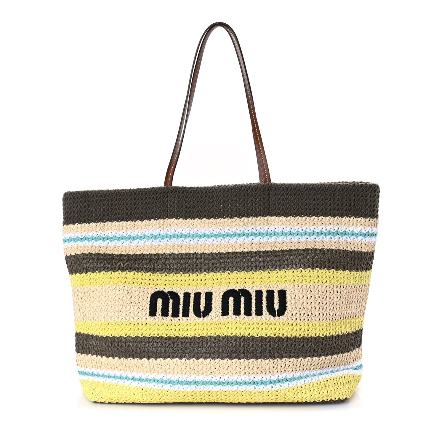 Miu Miu Raffia Crochet Stripe Tote Bag Tundra Limone Natural