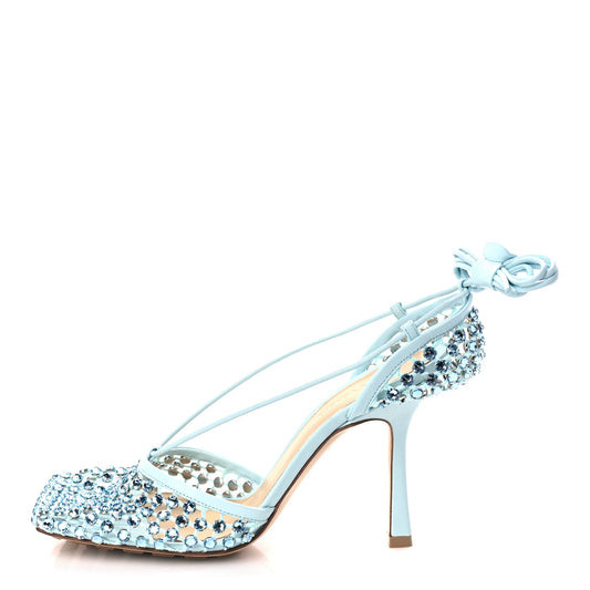 Bottega Veneta  Mesh Nappa Crystal Embellished Sparkle Stretch Ankle Tie Sandals Pale Blue