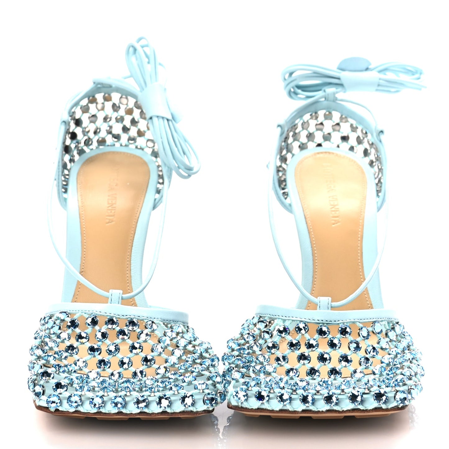 Bottega Veneta  Mesh Nappa Crystal Embellished Sparkle Stretch Ankle Tie Sandals Pale Blue