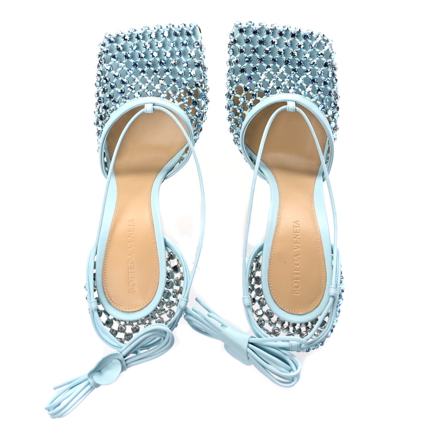 Bottega Veneta  Mesh Nappa Crystal Embellished Sparkle Stretch Ankle Tie Sandals Pale Blue