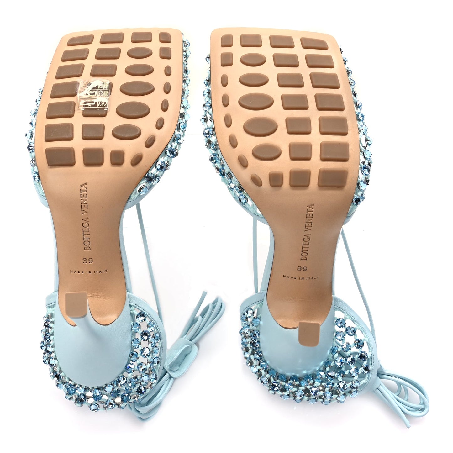 Bottega Veneta  Mesh Nappa Crystal Embellished Sparkle Stretch Ankle Tie Sandals Pale Blue