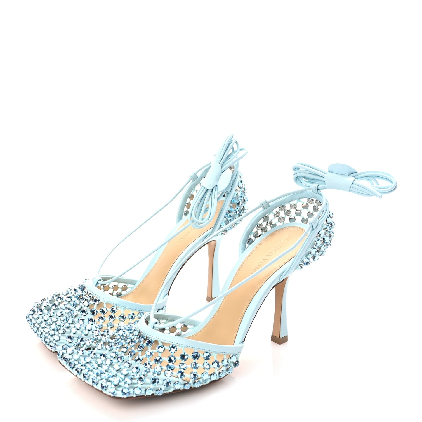 Bottega Veneta  Mesh Nappa Crystal Embellished Sparkle Stretch Ankle Tie Sandals Pale Blue