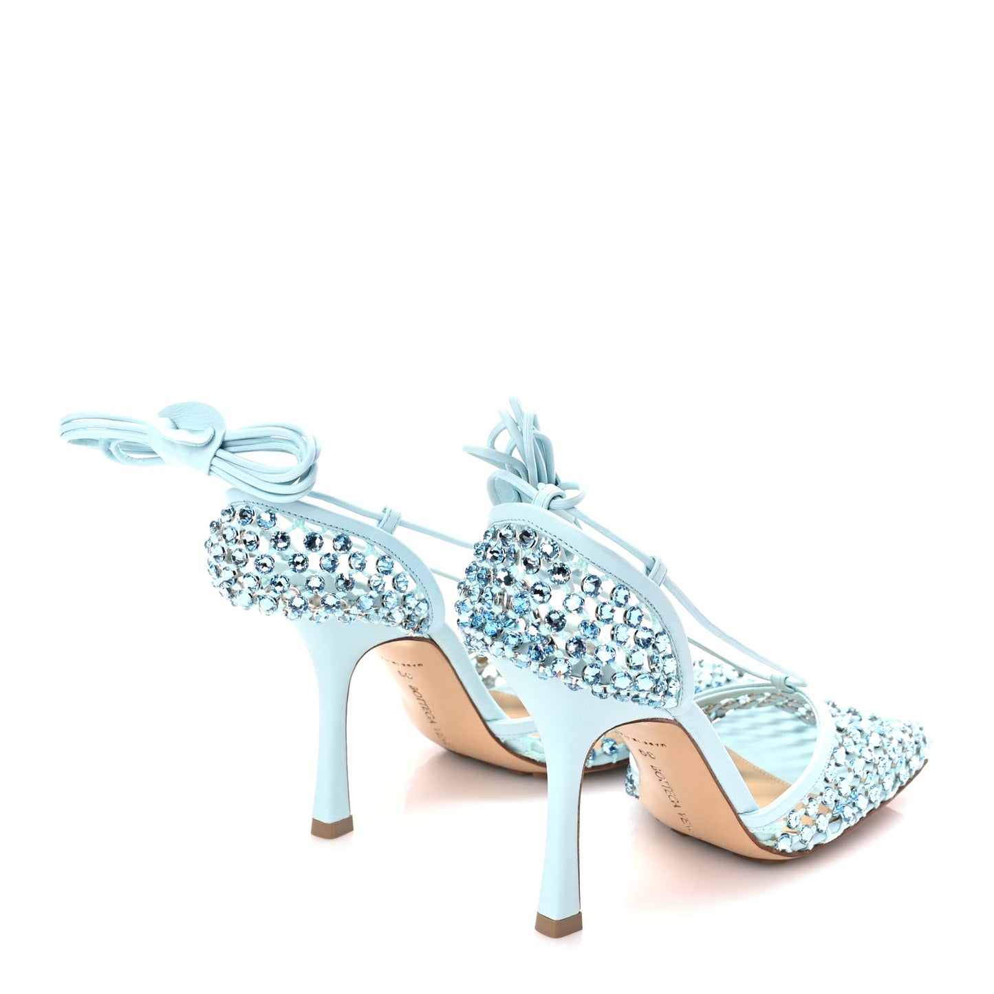 Bottega Veneta  Mesh Nappa Crystal Embellished Sparkle Stretch Ankle Tie Sandals Pale Blue