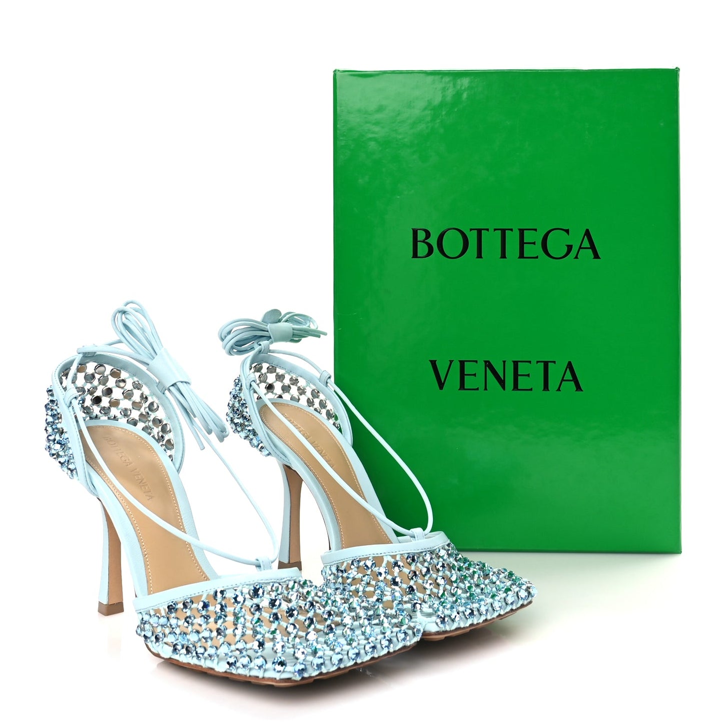 Bottega Veneta  Mesh Nappa Crystal Embellished Sparkle Stretch Ankle Tie Sandals Pale Blue