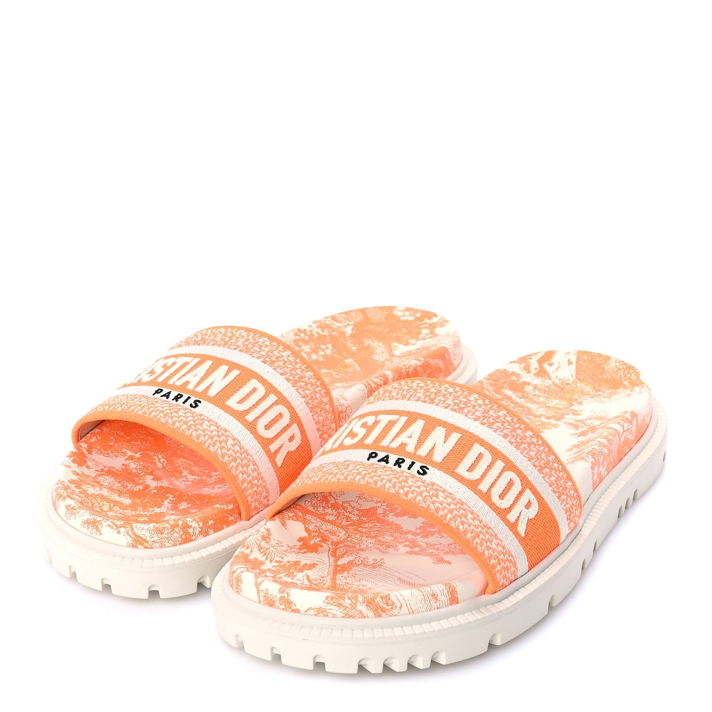 Christian Dior Canvas Fluo Toile de Jouy Embroidered Dway 10mm Slide Sandals 39  White Orange