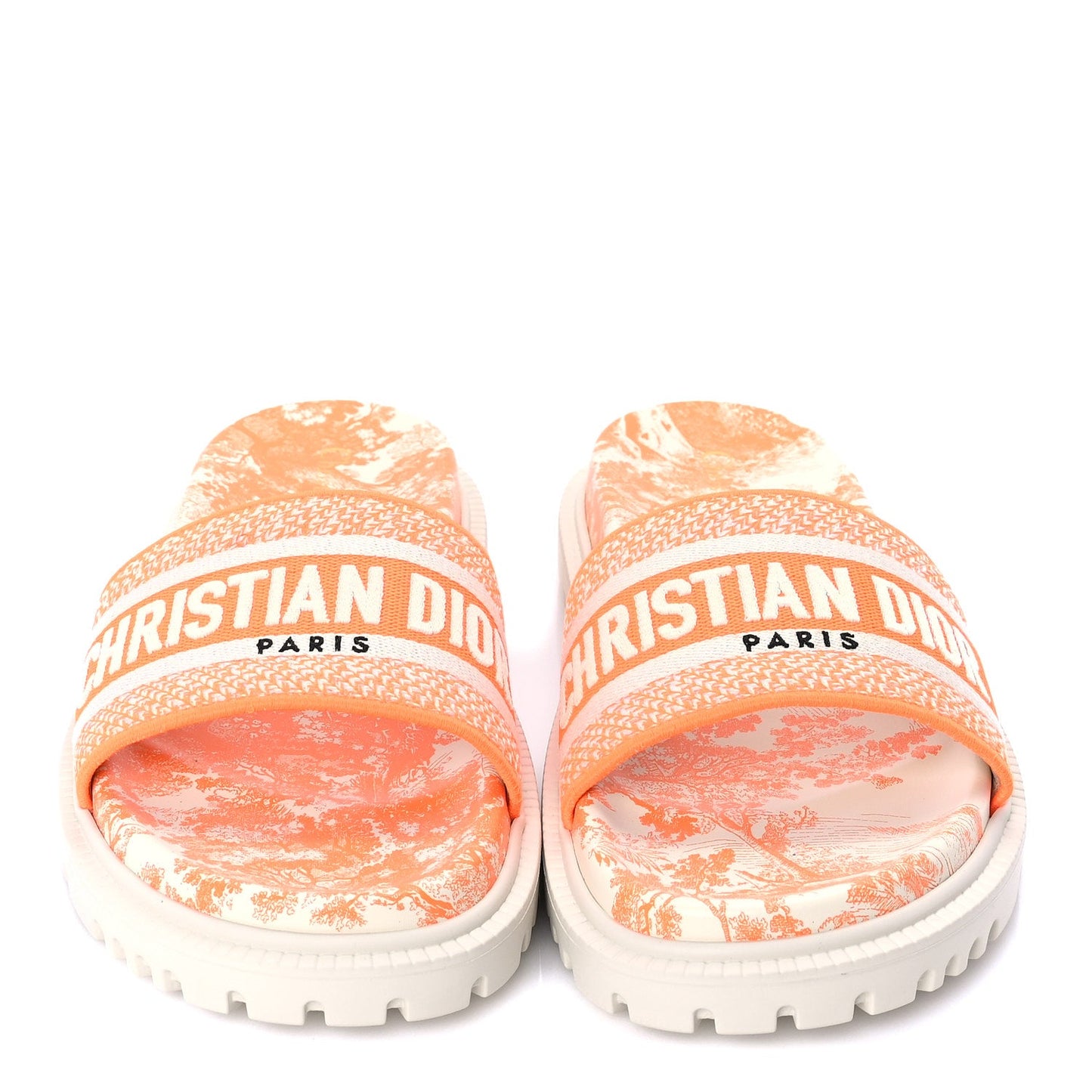 Christian Dior Canvas Fluo Toile de Jouy Embroidered Dway 10mm Slide Sandals 39  White Orange
