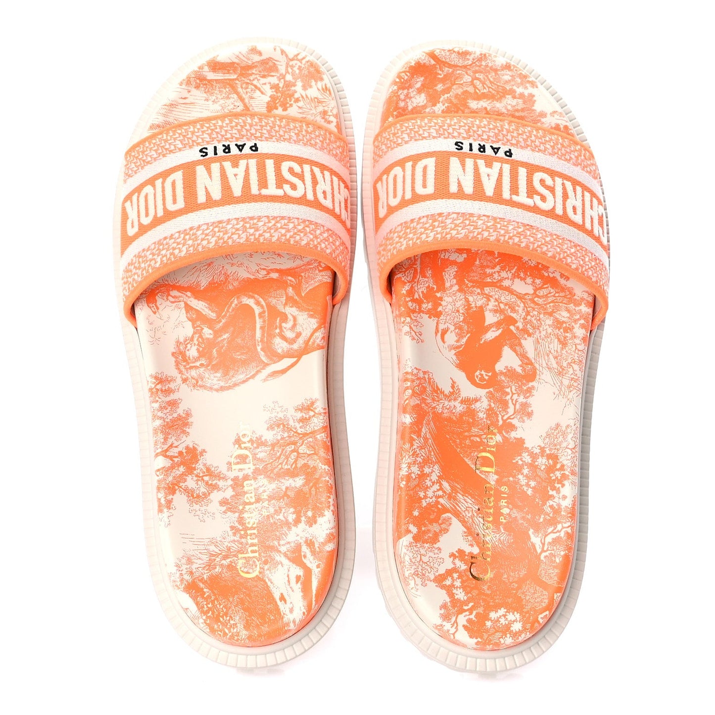 Christian Dior Canvas Fluo Toile de Jouy Embroidered Dway 10mm Slide Sandals 39  White Orange