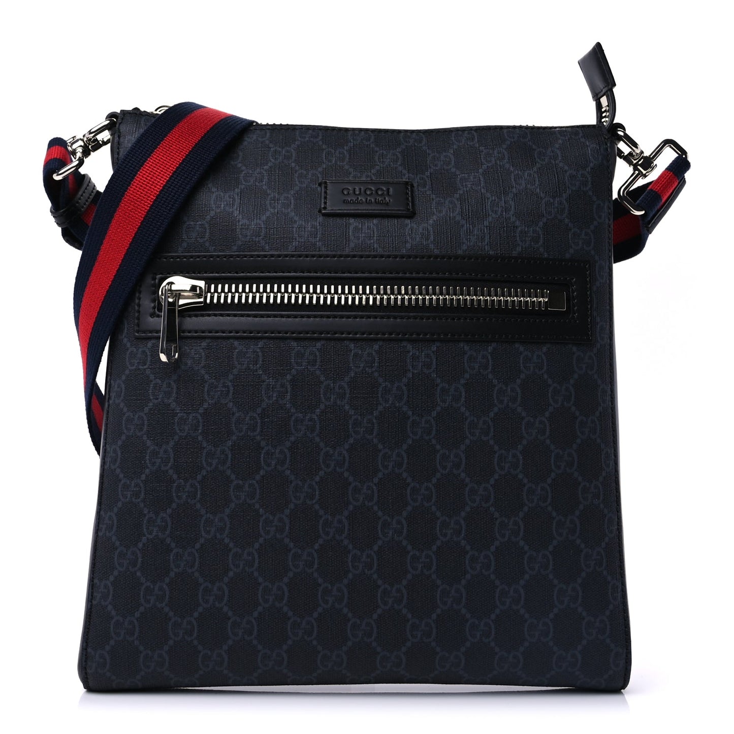 Gucci GG Supreme Monogram Appia Calfskin Web Flat Messenger Bag Black Grey