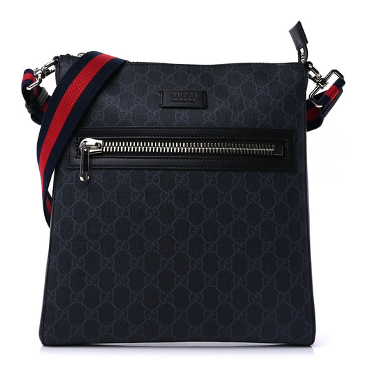 Gucci GG Supreme Monogram Appia Calfskin Web Flat Messenger Bag Black Grey