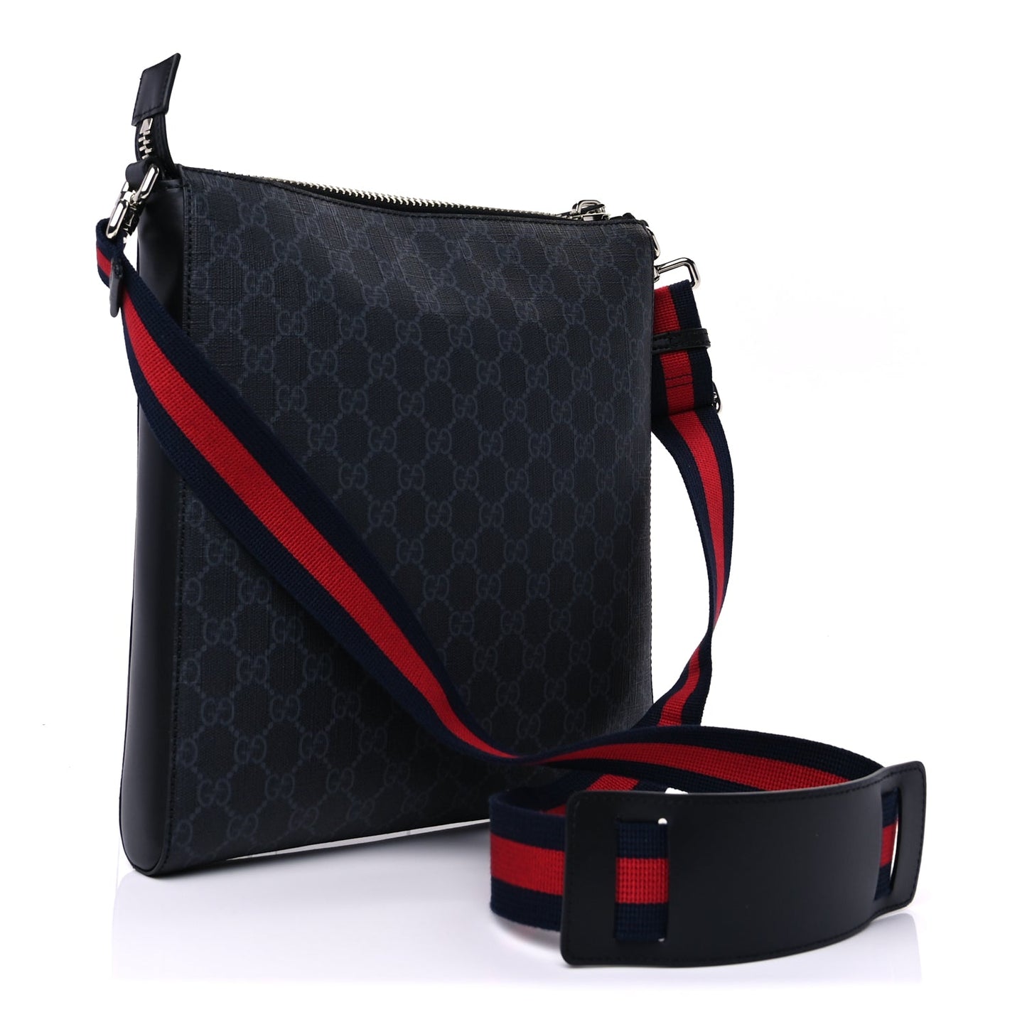 Gucci GG Supreme Monogram Appia Calfskin Web Flat Messenger Bag Black Grey