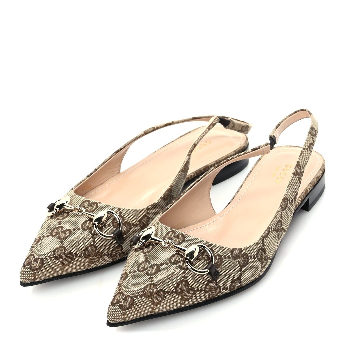 Gucci Monogram Horsebit Womens Slingback Ballet Flat 39  Beige Ebony Cocoa